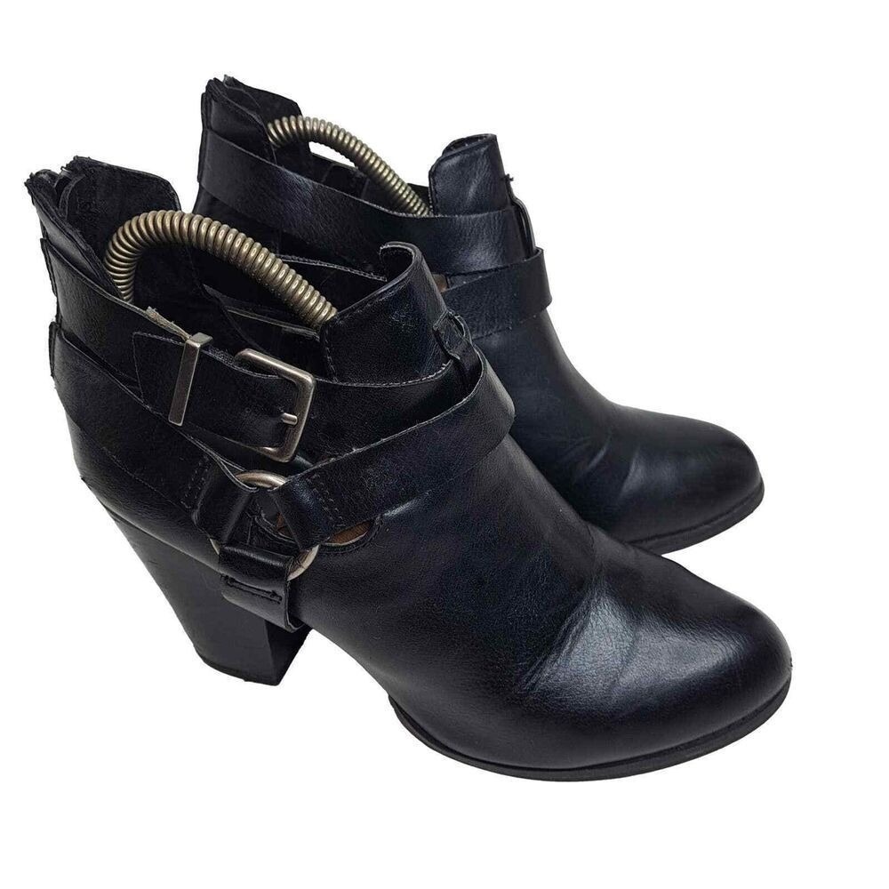 Express‎ Leather Booties Sz 9 Black Ankle Boots Buckle Zip Chunky Heel 3.5" Edgy
